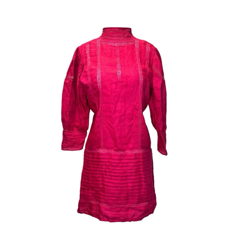 Mes Demoiselles High Neck Linen‎ Dress 38 Puff Sleeve Fuchsia Pink Crochet Boho